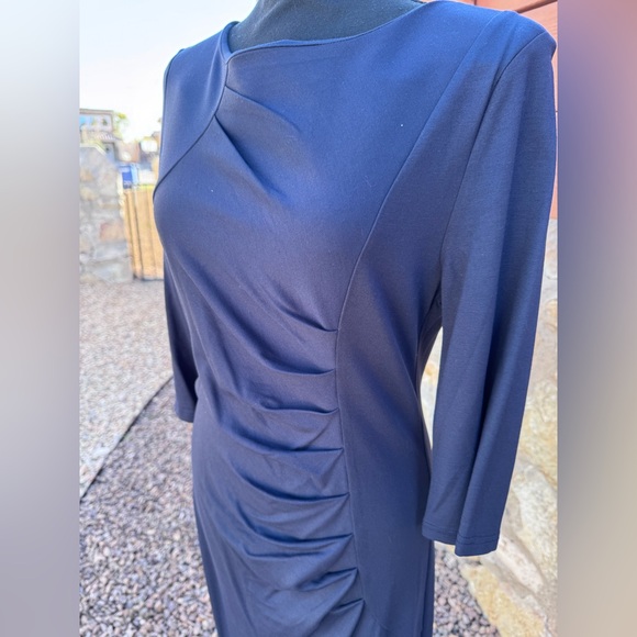 HOMEEYE Navy Blue Ruched Sheath Dress Large 3/4 Sleeve Bodycon Work EXCELLENT - Picture 11 of 13